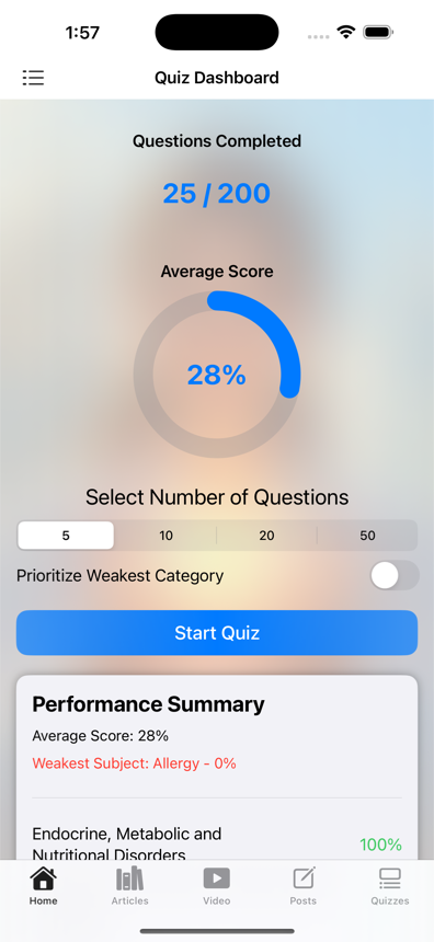 MedQ-AI Quiz Dashboard showing questions completed, average score, and a Start Quiz button